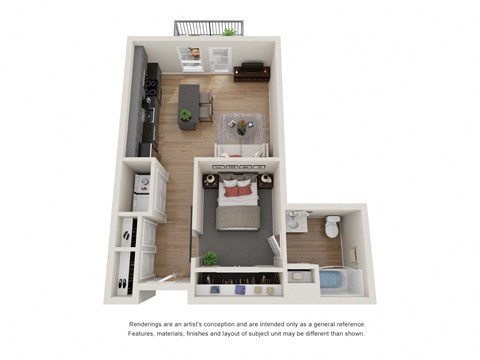 Floor plan for 1 bed, 1 bath, 610 sqft